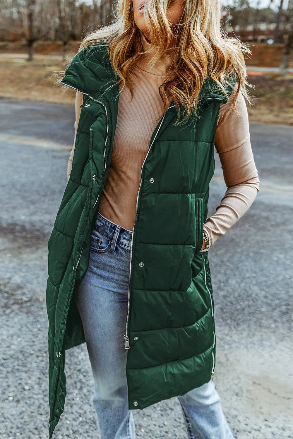 Dark Grey Hooded Long Quilted Sleeveless Coat eAura