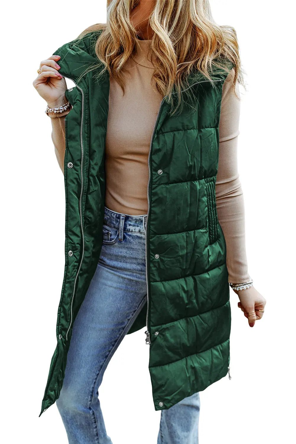 Dark Grey Hooded Long Quilted Sleeveless Coat eAura
