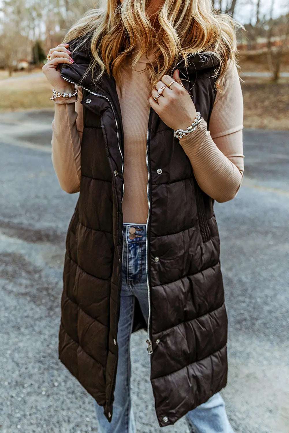 Dark Grey Hooded Long Quilted Sleeveless Coat eAura
