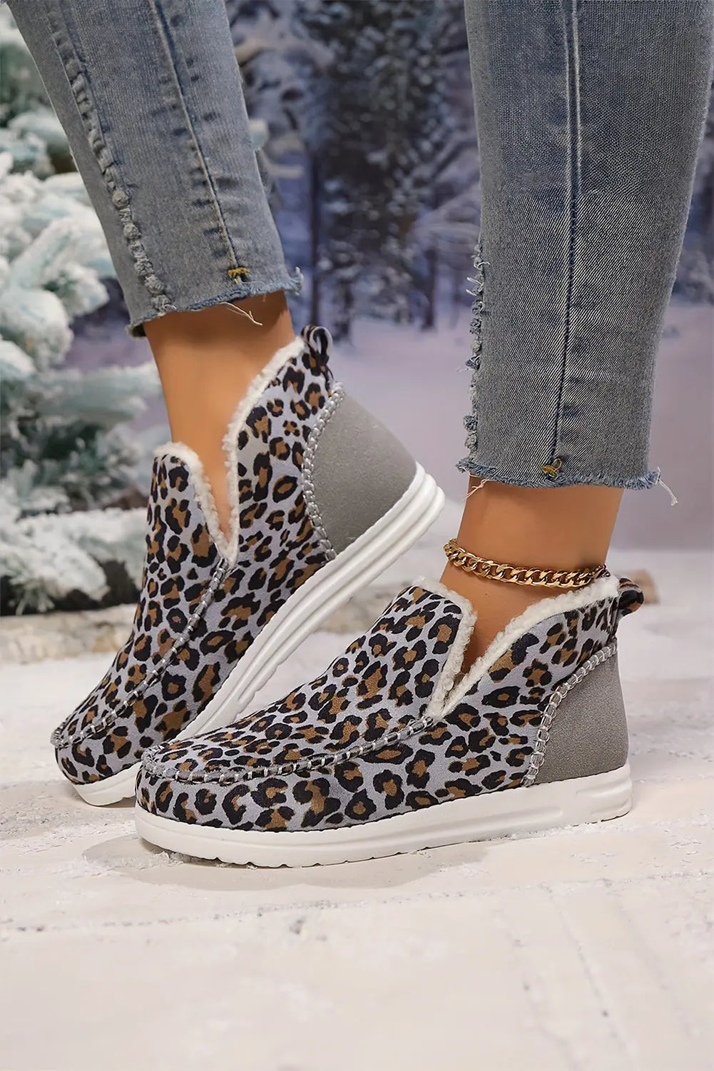 Dark Grey Leopard Print Fleece Lined Winter Snow Boots - eAura
