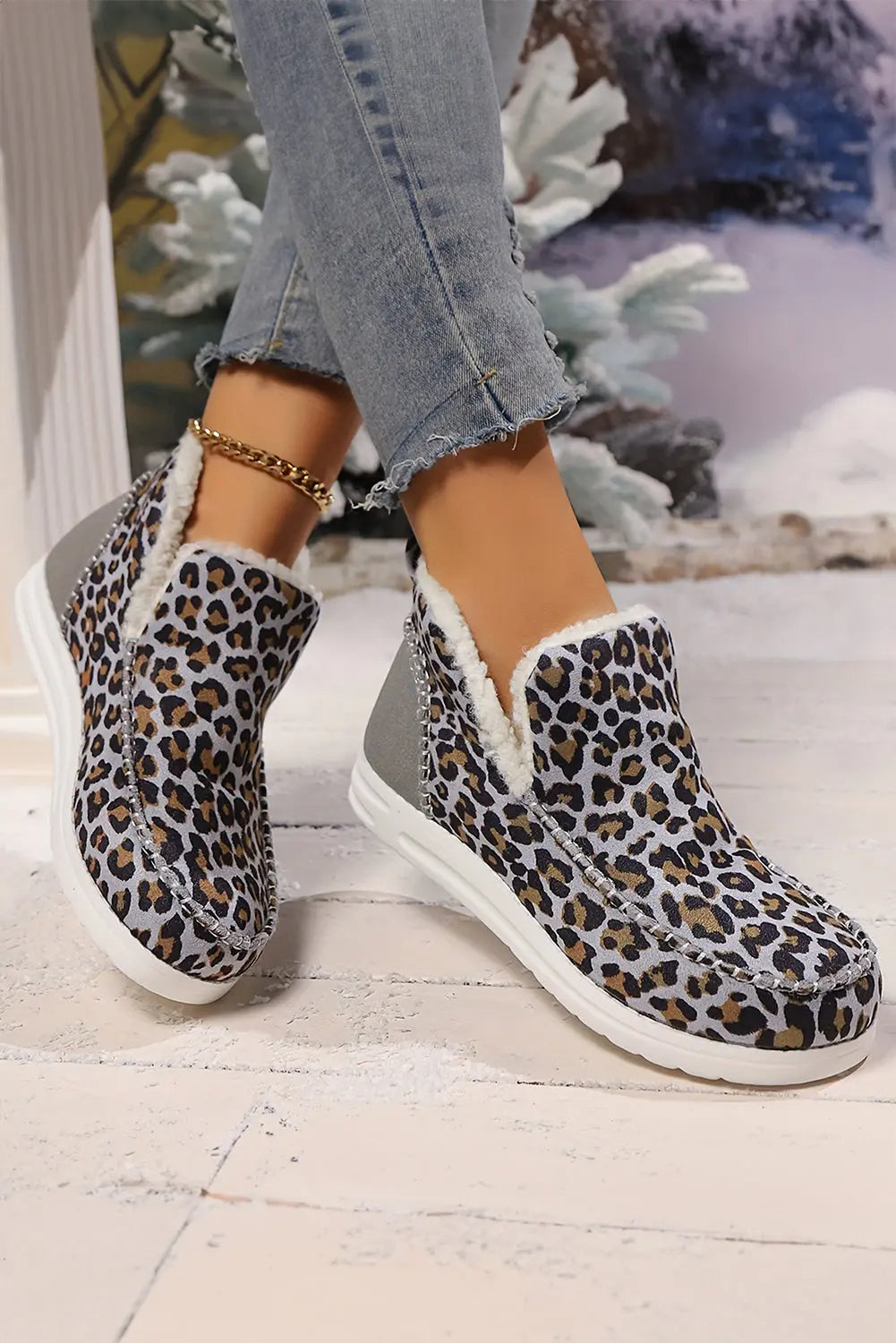 Dark Grey Leopard Print Fleece Lined Winter Snow Boots - eAura