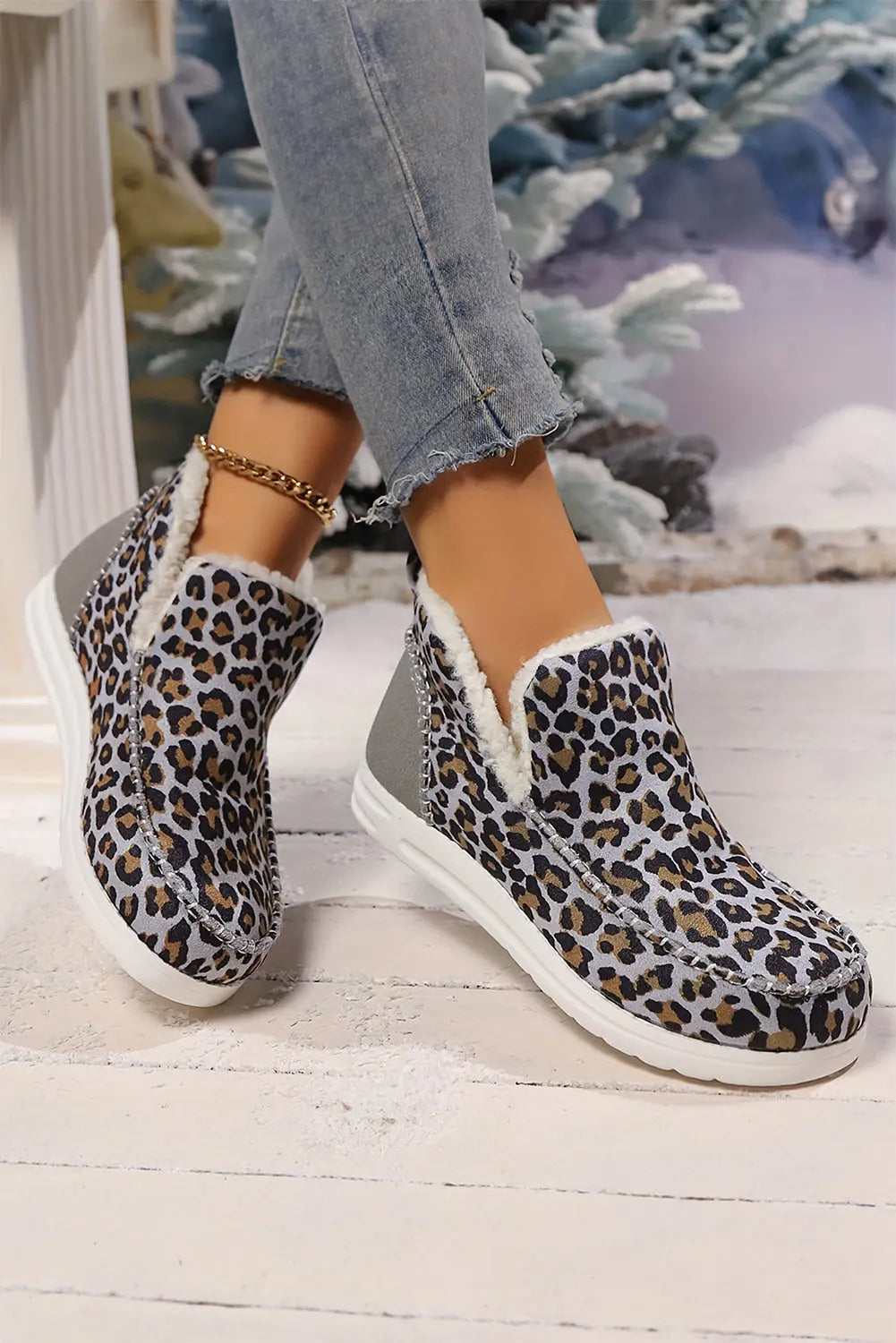 Dark Grey Leopard Print Fleece Lined Winter Snow Boots - eAura