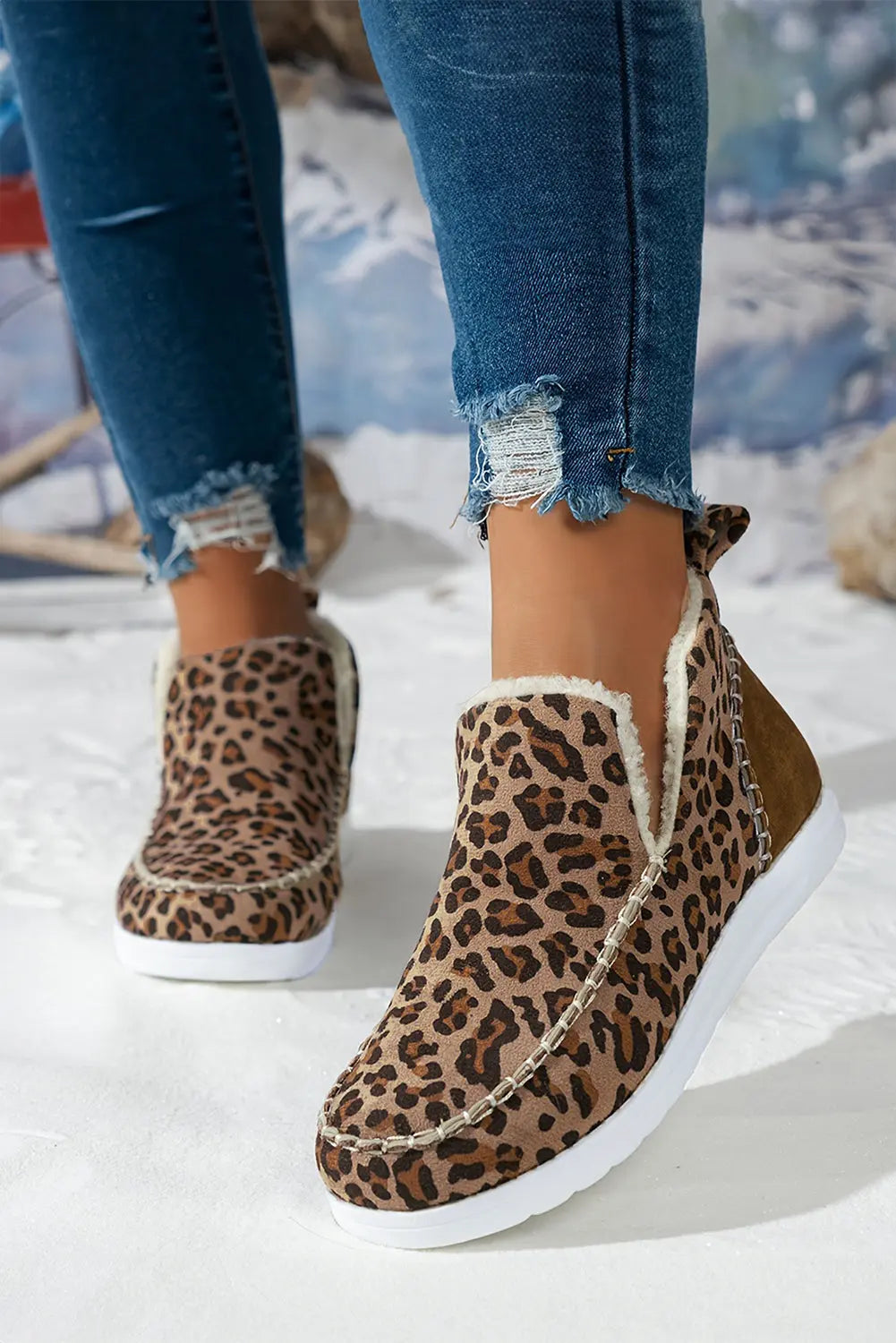 Dark Grey Leopard Print Fleece Lined Winter Snow Boots - eAura