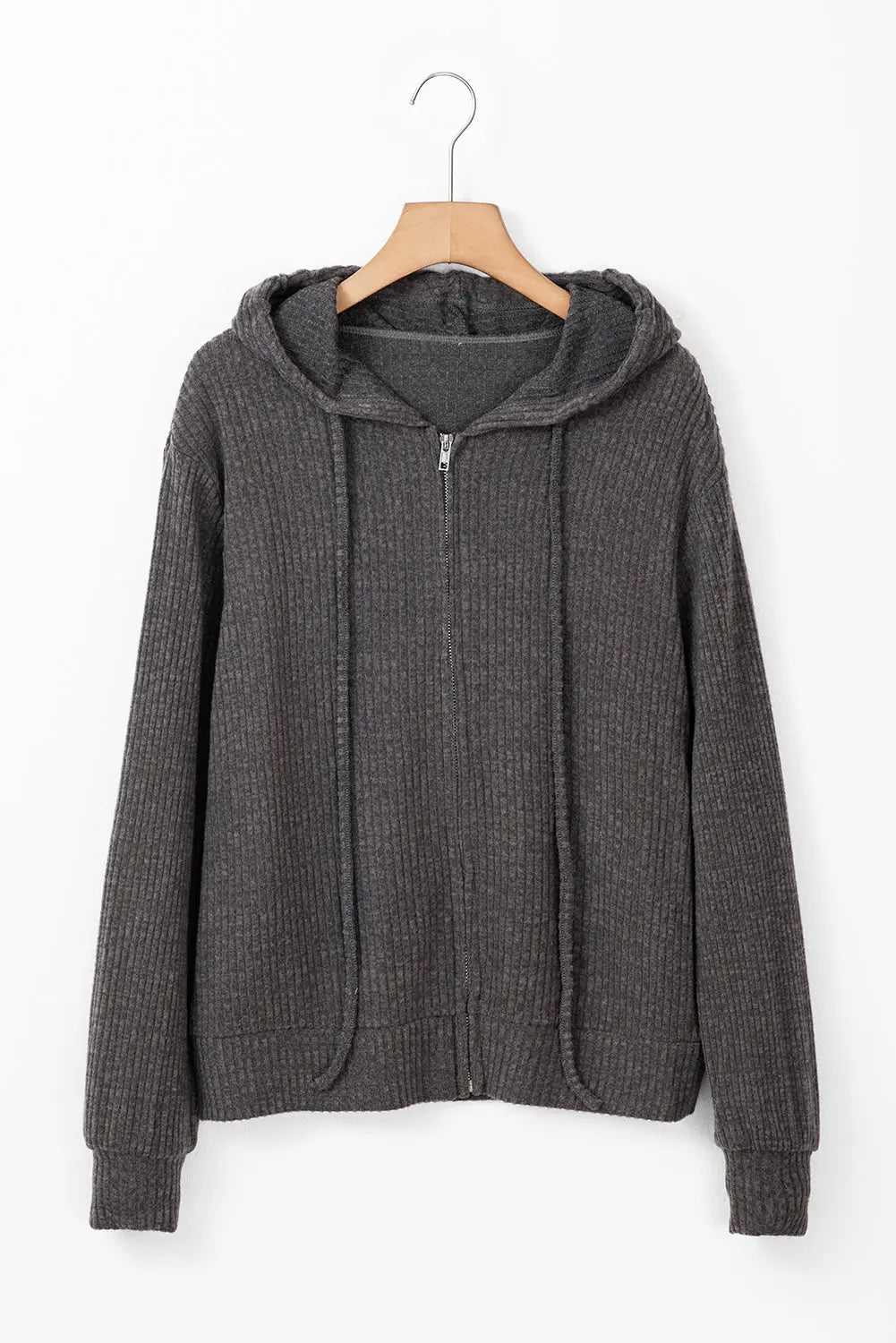 Dark Grey Ribbed Zip Up Front Drawstring Hoodie - eAura