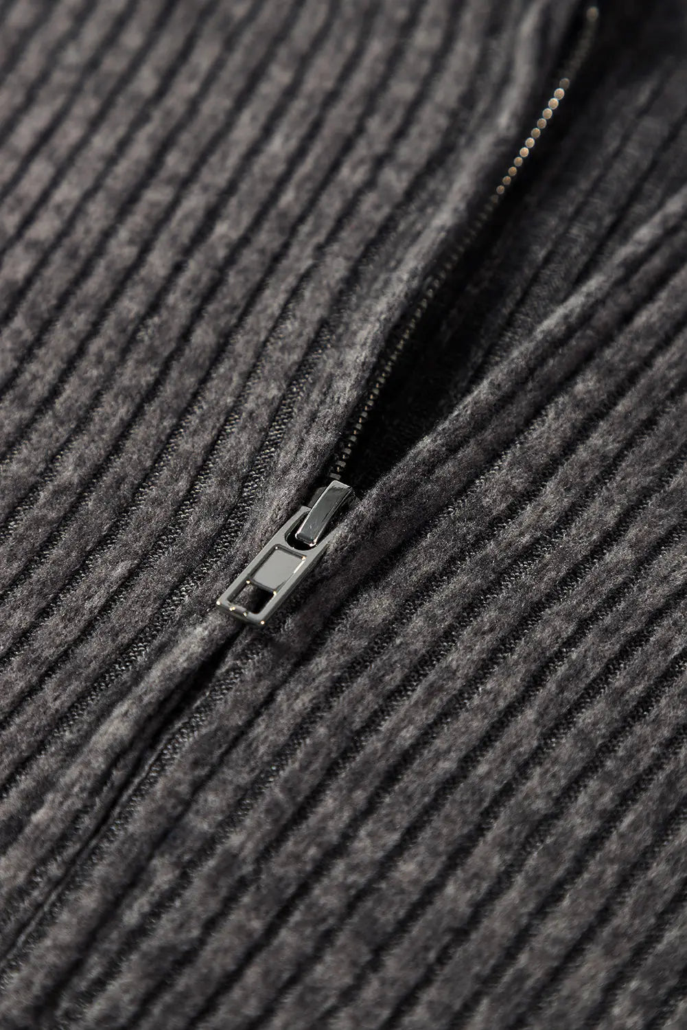 Dark Grey Ribbed Zip Up Front Drawstring Hoodie - eAura