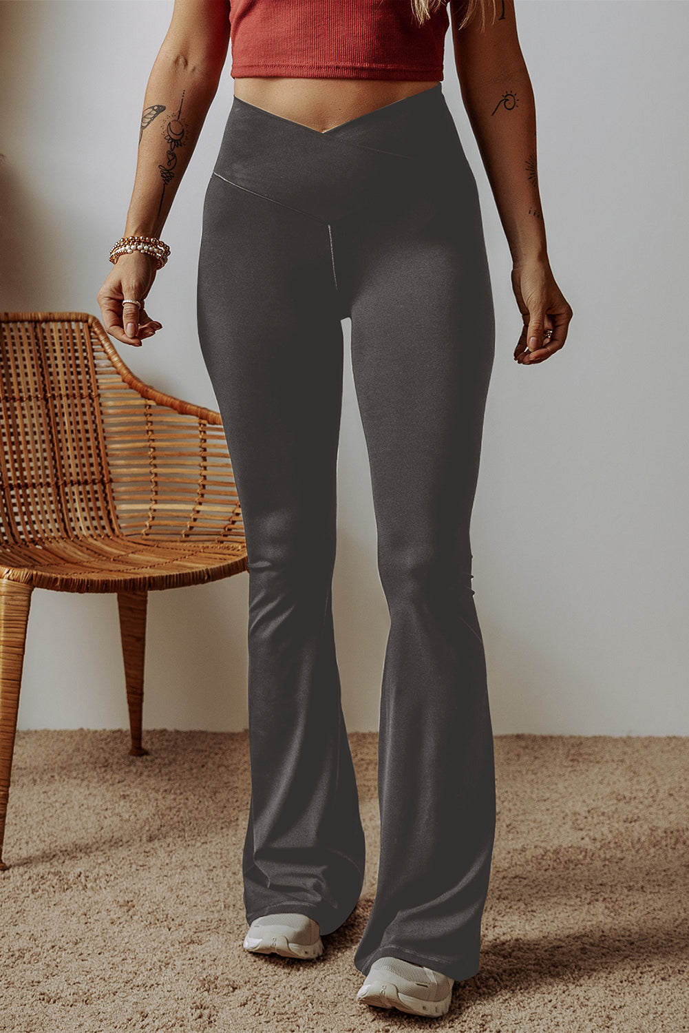 Dark Grey V Shape High Waist Flared Leggings - eAura
