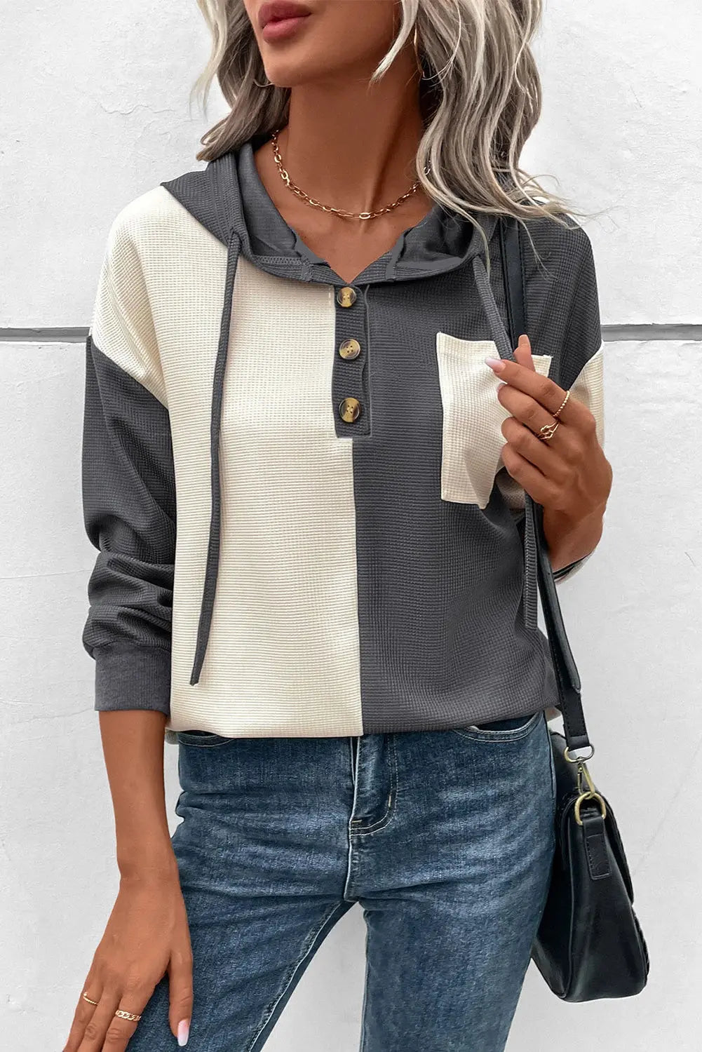 Dark Grey Waffle Colourblock Buttons Placket Drop Shoulder Drawstring Hoodie Beagle Boutique Fashion Outlet