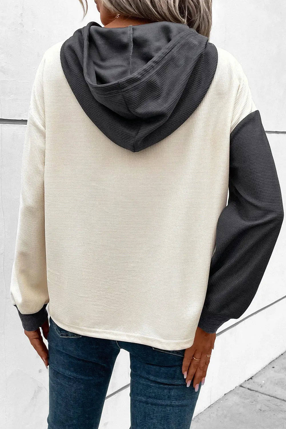 Dark Grey Waffle Colourblock Buttons Placket Drop Shoulder Drawstring Hoodie Beagle Boutique Fashion Outlet
