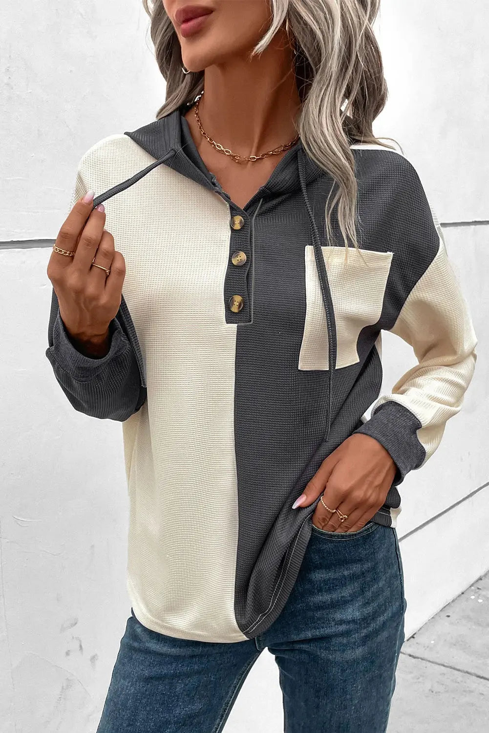 Dark Grey Waffle Colourblock Buttons Placket Drop Shoulder Drawstring Hoodie Beagle Boutique Fashion Outlet