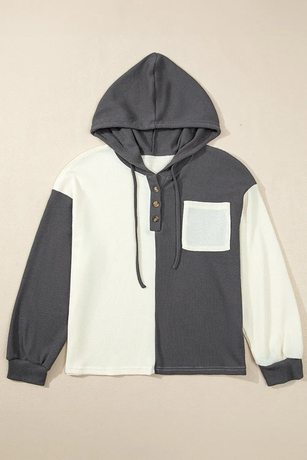 Dark Grey Waffle Colourblock Buttons Placket Drop Shoulder Drawstring Hoodie Beagle Boutique Fashion Outlet