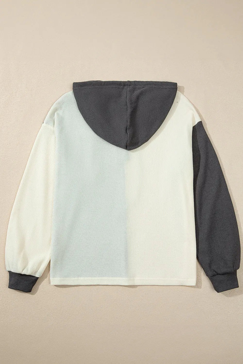 Dark Grey Waffle Colourblock Buttons Placket Drop Shoulder Drawstring Hoodie Beagle Boutique Fashion Outlet