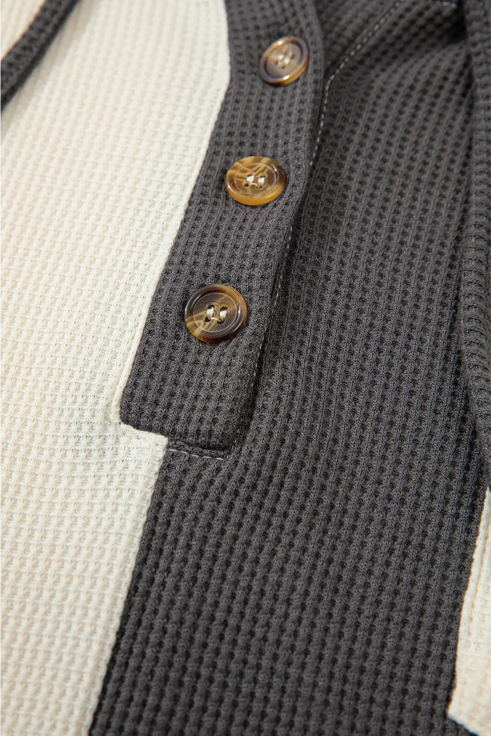 Dark Grey Waffle Colourblock Buttons Placket Drop Shoulder Drawstring Hoodie Beagle Boutique Fashion Outlet