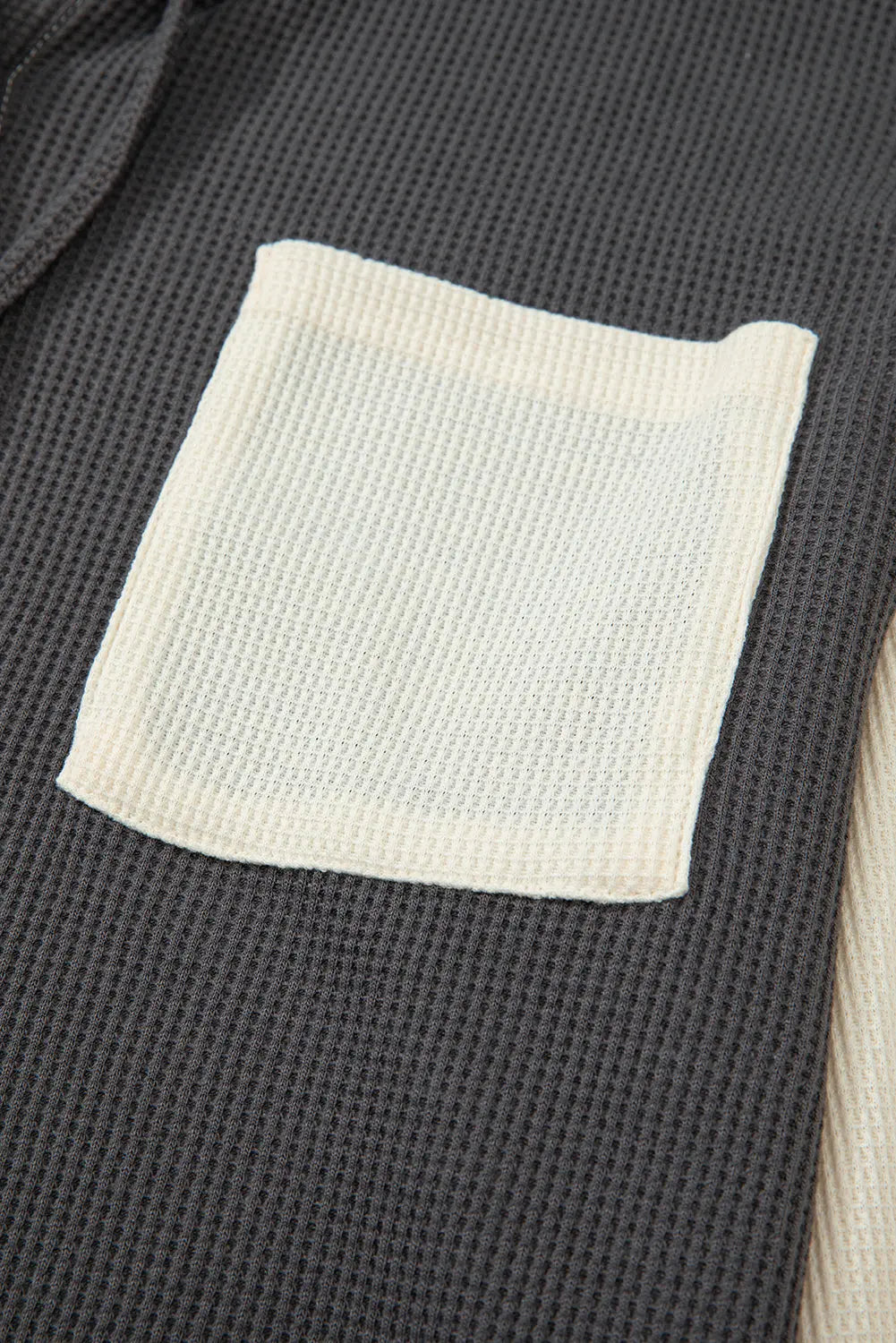 Dark Grey Waffle Colourblock Buttons Placket Drop Shoulder Drawstring Hoodie Beagle Boutique Fashion Outlet