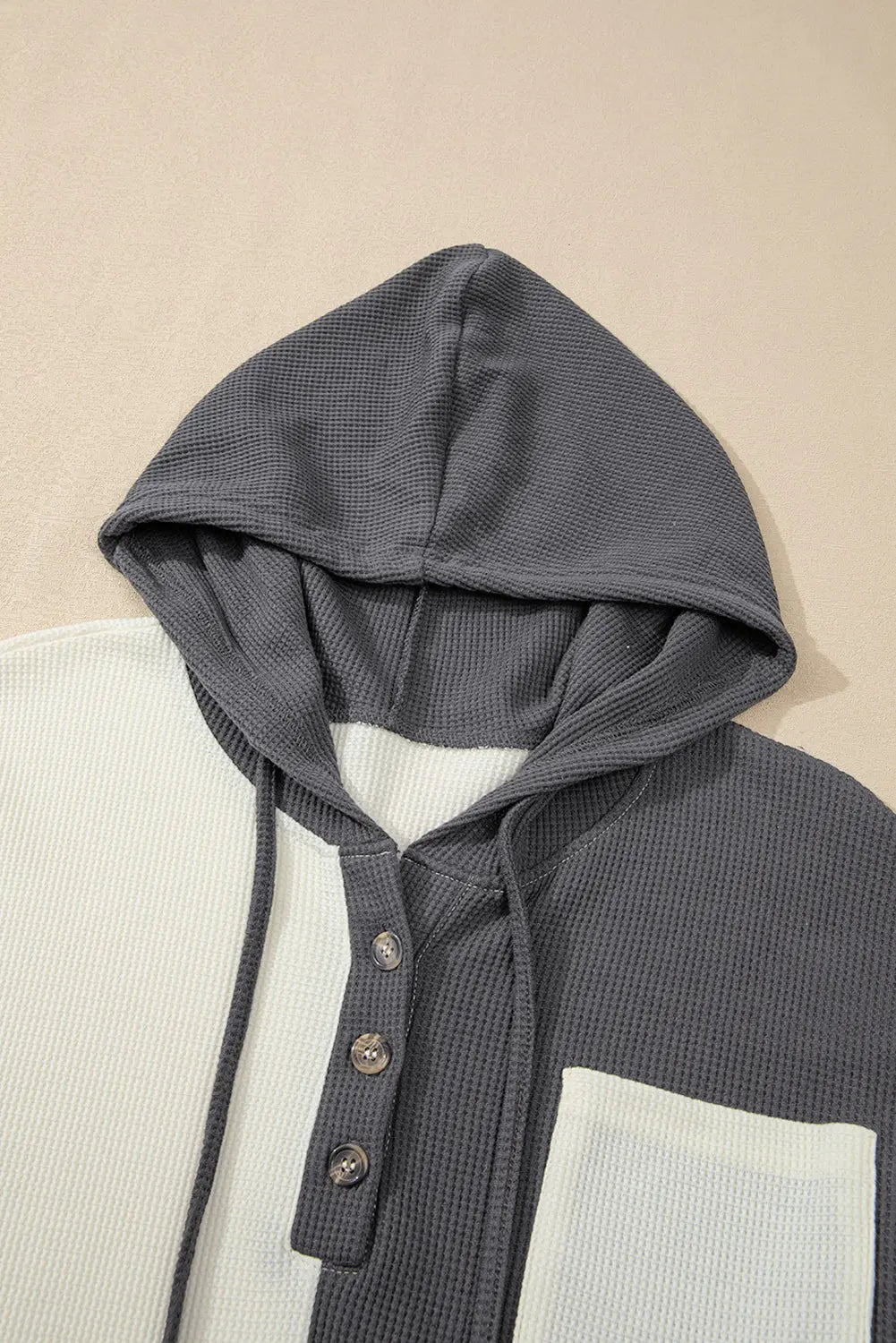 Dark Grey Waffle Colourblock Buttons Placket Drop Shoulder Drawstring Hoodie Beagle Boutique Fashion Outlet