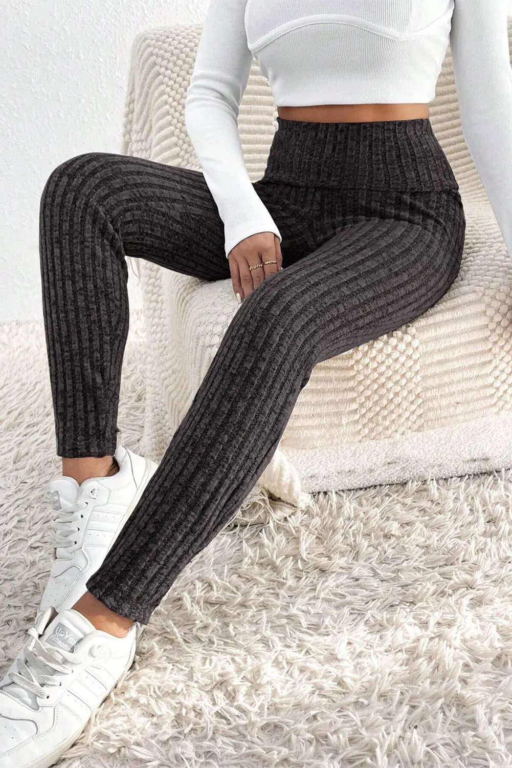 Dark Grey Wide Waistband Ribbed Textured Knit Leggings eAura