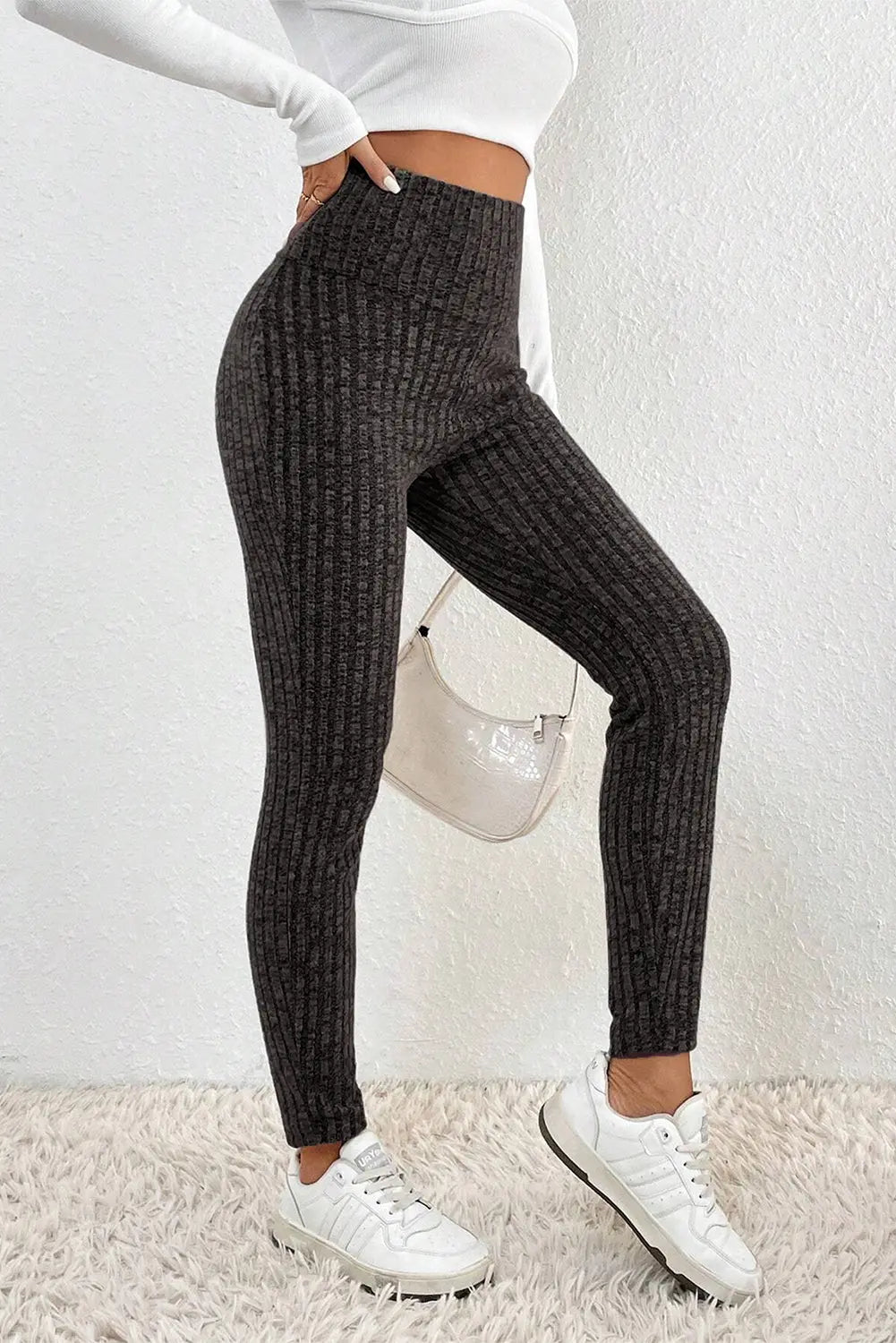Dark Grey Wide Waistband Ribbed Textured Knit Leggings eAura
