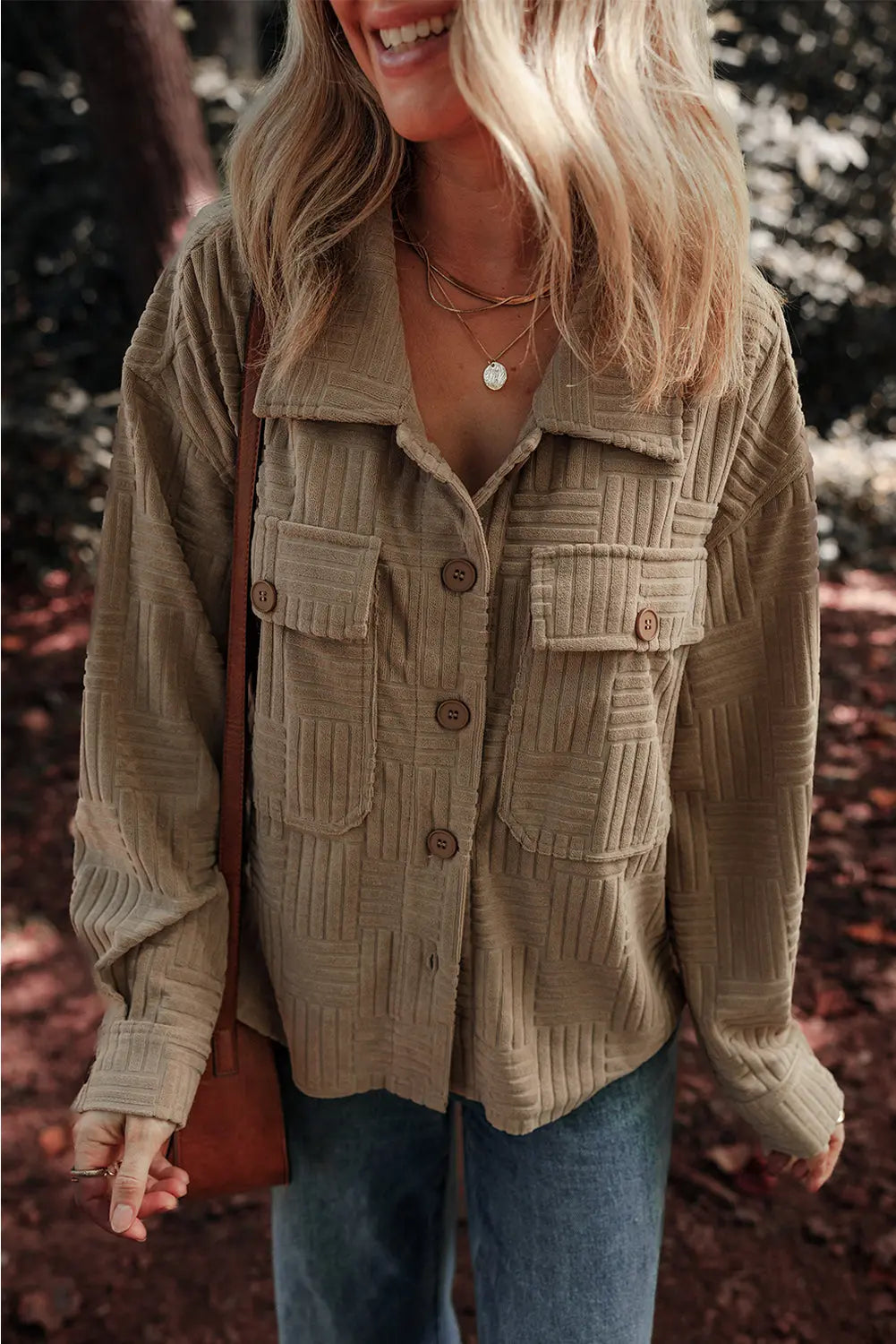 Dark Khaki Textured Chest Pocket Button-up Shacket Beagle Boutique Fashion Outlet