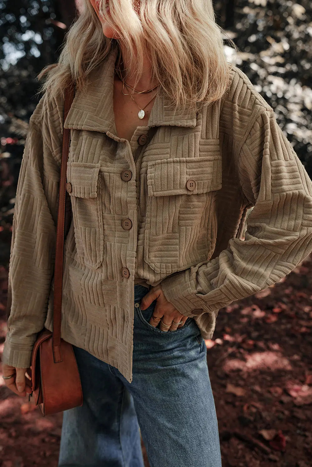 Dark Khaki Textured Chest Pocket Button-up Shacket Beagle Boutique Fashion Outlet