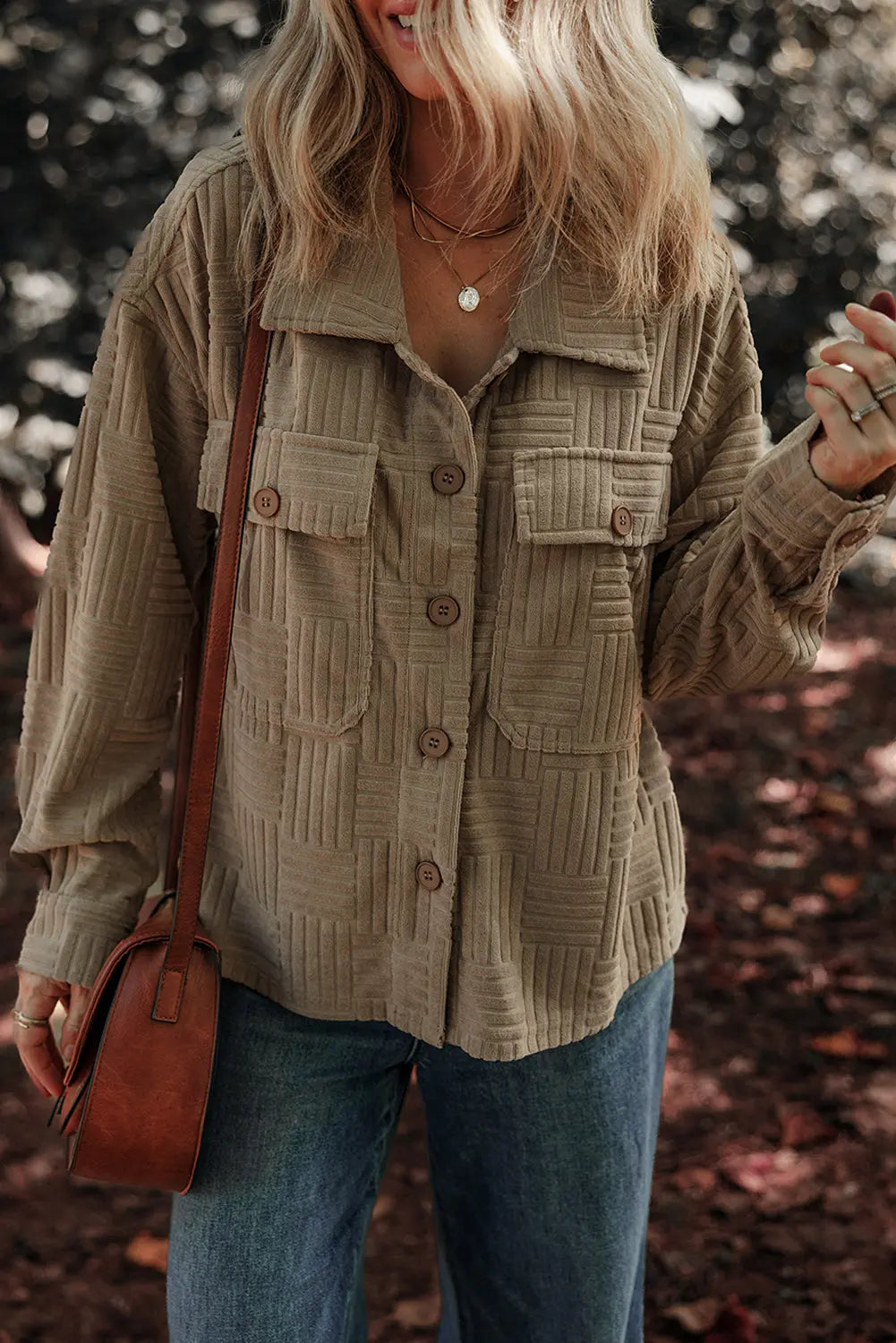 Dark Khaki Textured Chest Pocket Button-up Shacket Beagle Boutique Fashion Outlet