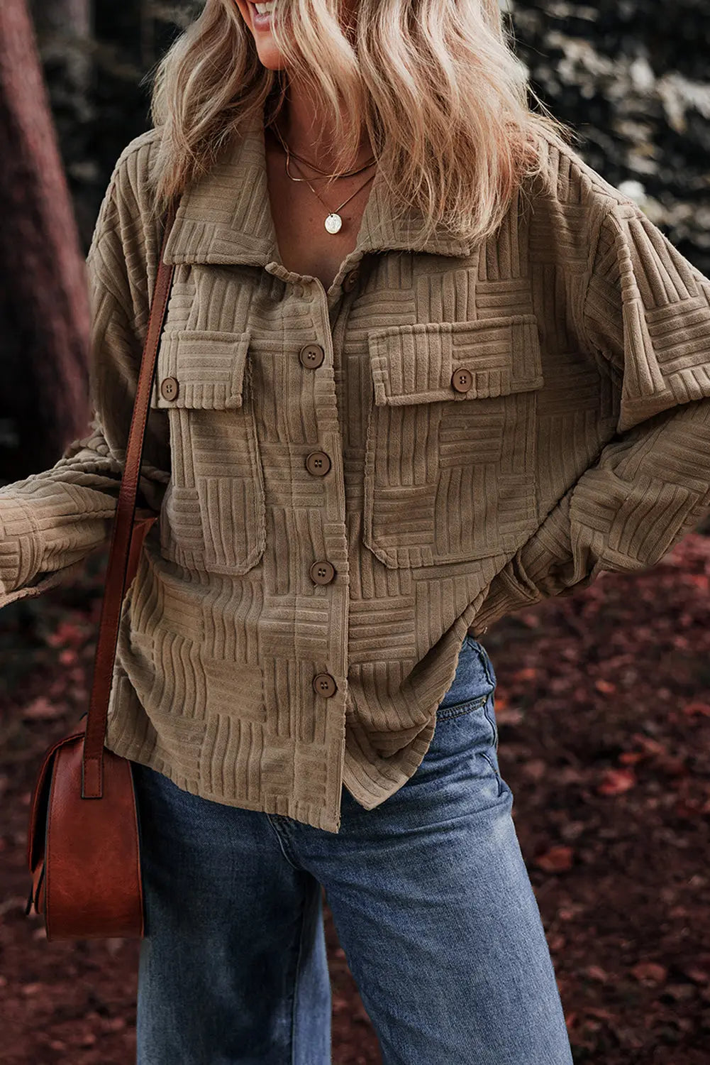 Dark Khaki Textured Chest Pocket Button-up Shacket Beagle Boutique Fashion Outlet