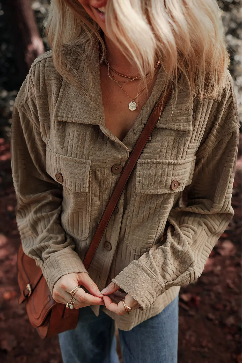 Dark Khaki Textured Chest Pocket Button-up Shacket Beagle Boutique Fashion Outlet