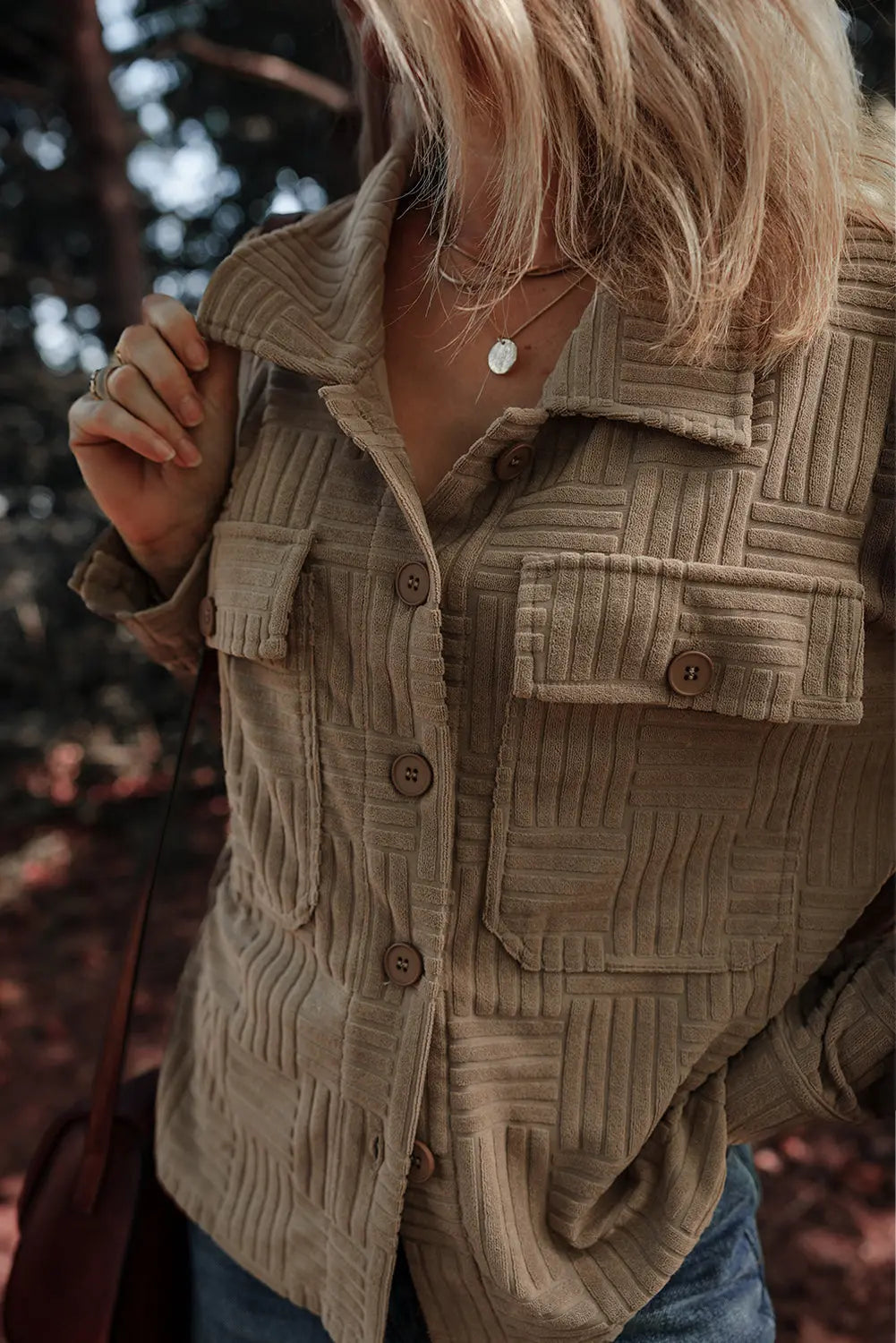 Dark Khaki Textured Chest Pocket Button-up Shacket Beagle Boutique Fashion Outlet