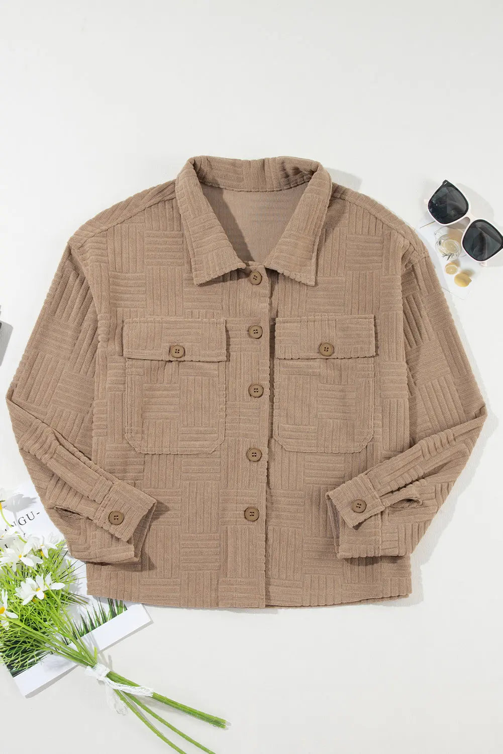Dark Khaki Textured Chest Pocket Button-up Shacket Beagle Boutique Fashion Outlet