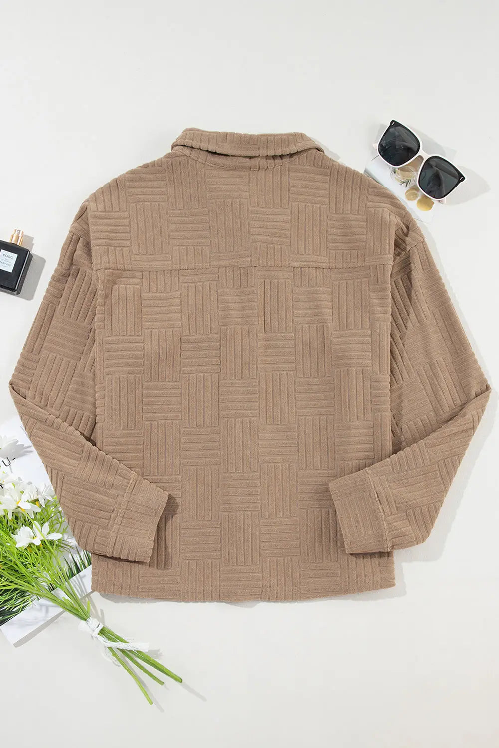 Dark Khaki Textured Chest Pocket Button-up Shacket Beagle Boutique Fashion Outlet