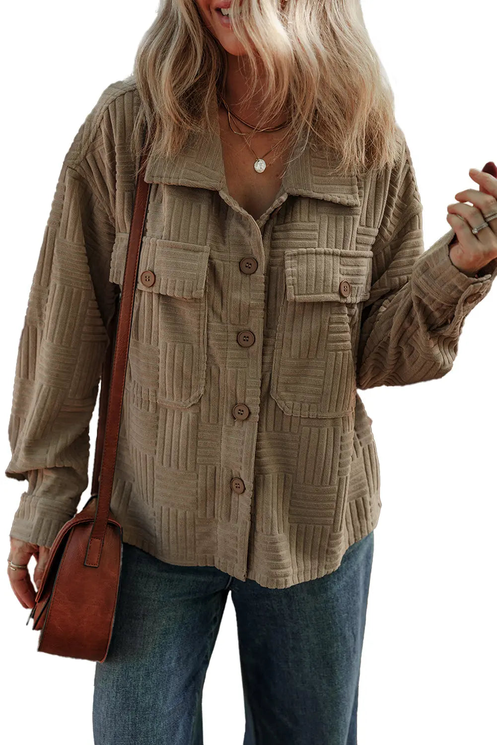 Dark Khaki Textured Chest Pocket Button-up Shacket Beagle Boutique Fashion Outlet