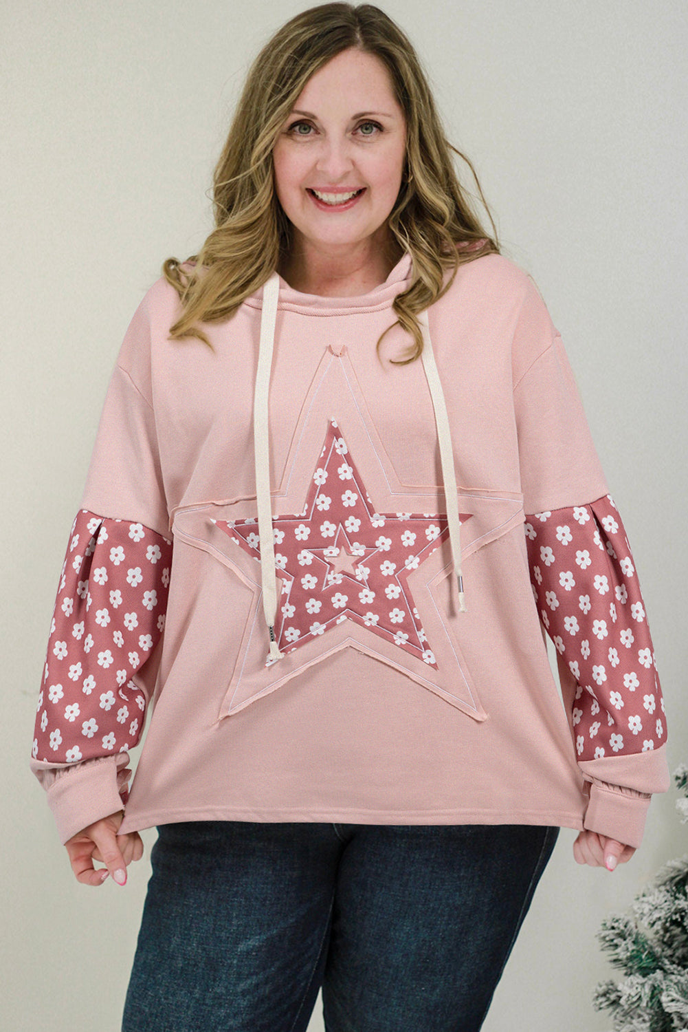 Delicacy Star Patch Graphic Floral Colour Block Drawstring Plus Size Hoodie - eAura