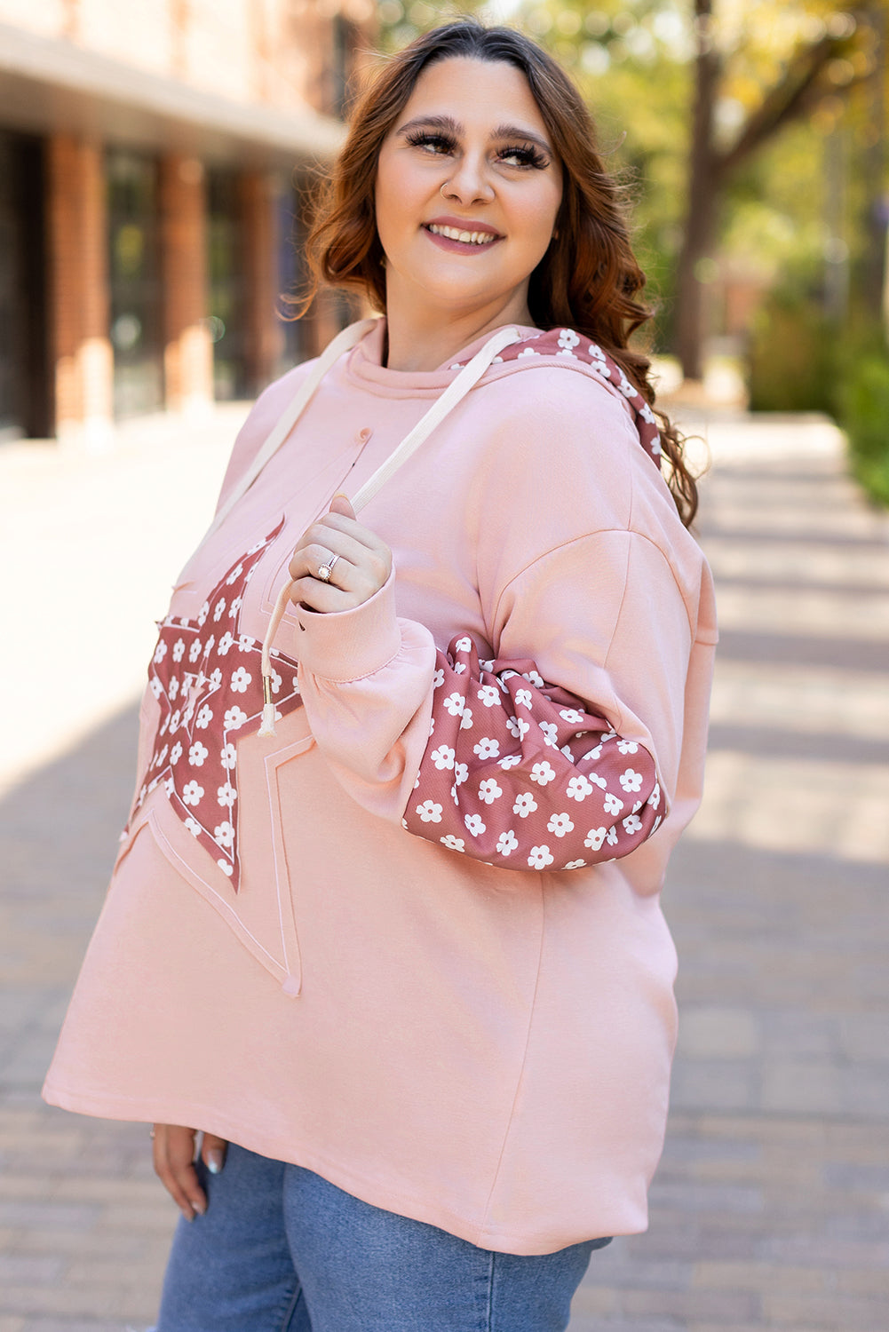 Delicacy Star Patch Graphic Floral Colour Block Drawstring Plus Size Hoodie - eAura