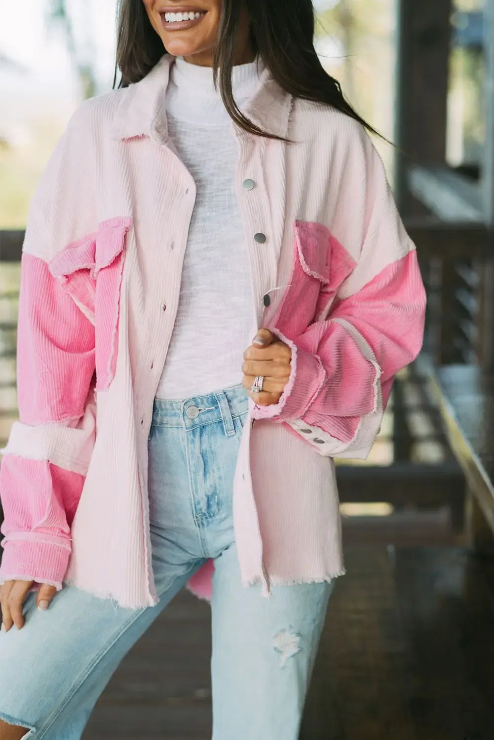 Delicacy Two-tone Colour Exposed Seam Corduroy Shacket - eAura