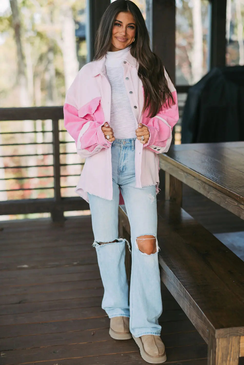 Delicacy Two-tone Colour Exposed Seam Corduroy Shacket - eAura