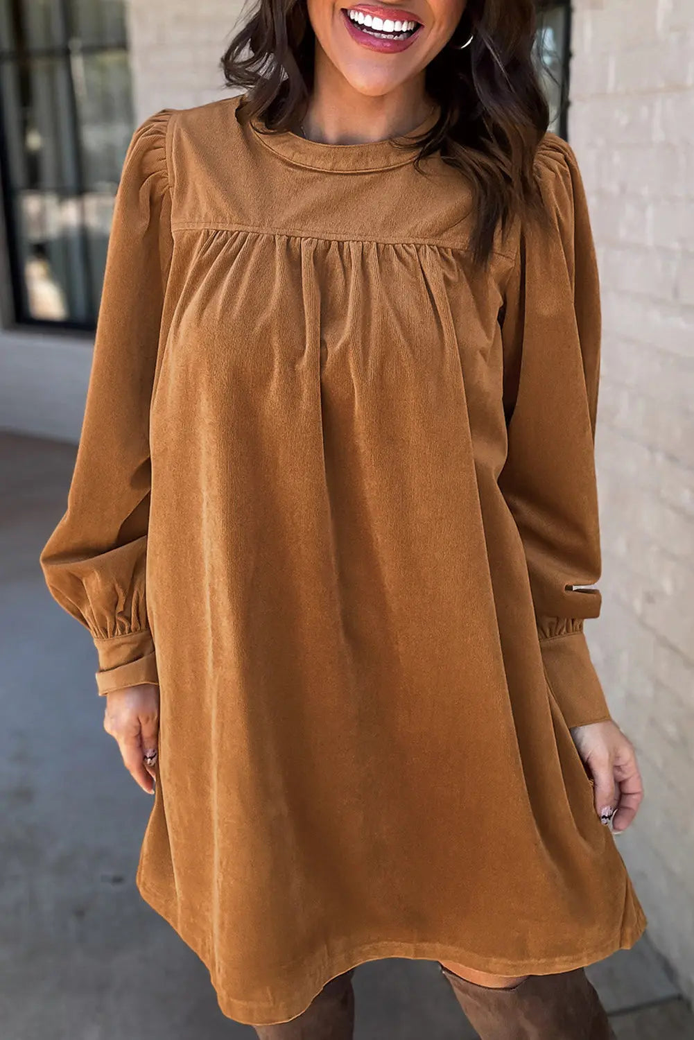 Desert Gold Corduroy Pleated Puff Sleeve Shift Short Dress Beagle Boutique Fashion Outlet