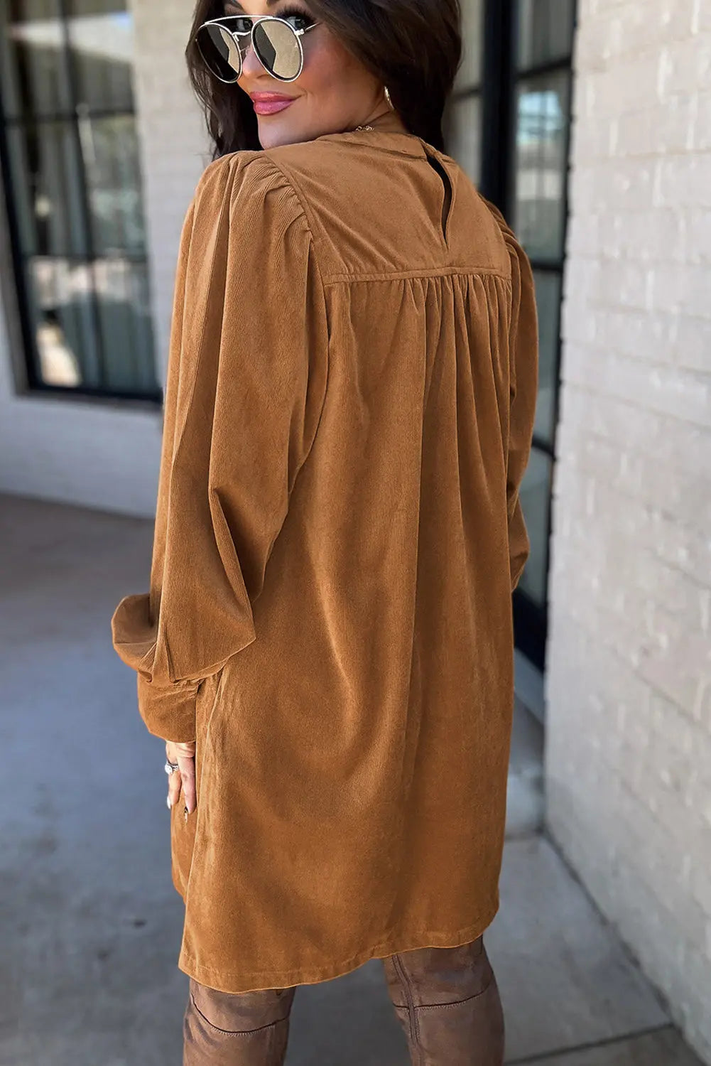 Desert Gold Corduroy Pleated Puff Sleeve Shift Short Dress Beagle Boutique Fashion Outlet