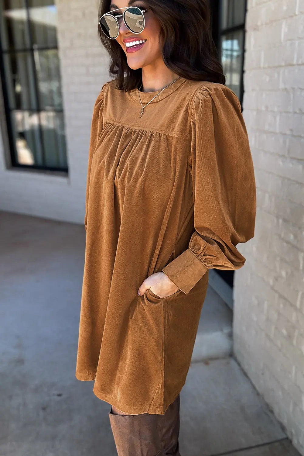 Desert Gold Corduroy Pleated Puff Sleeve Shift Short Dress Beagle Boutique Fashion Outlet