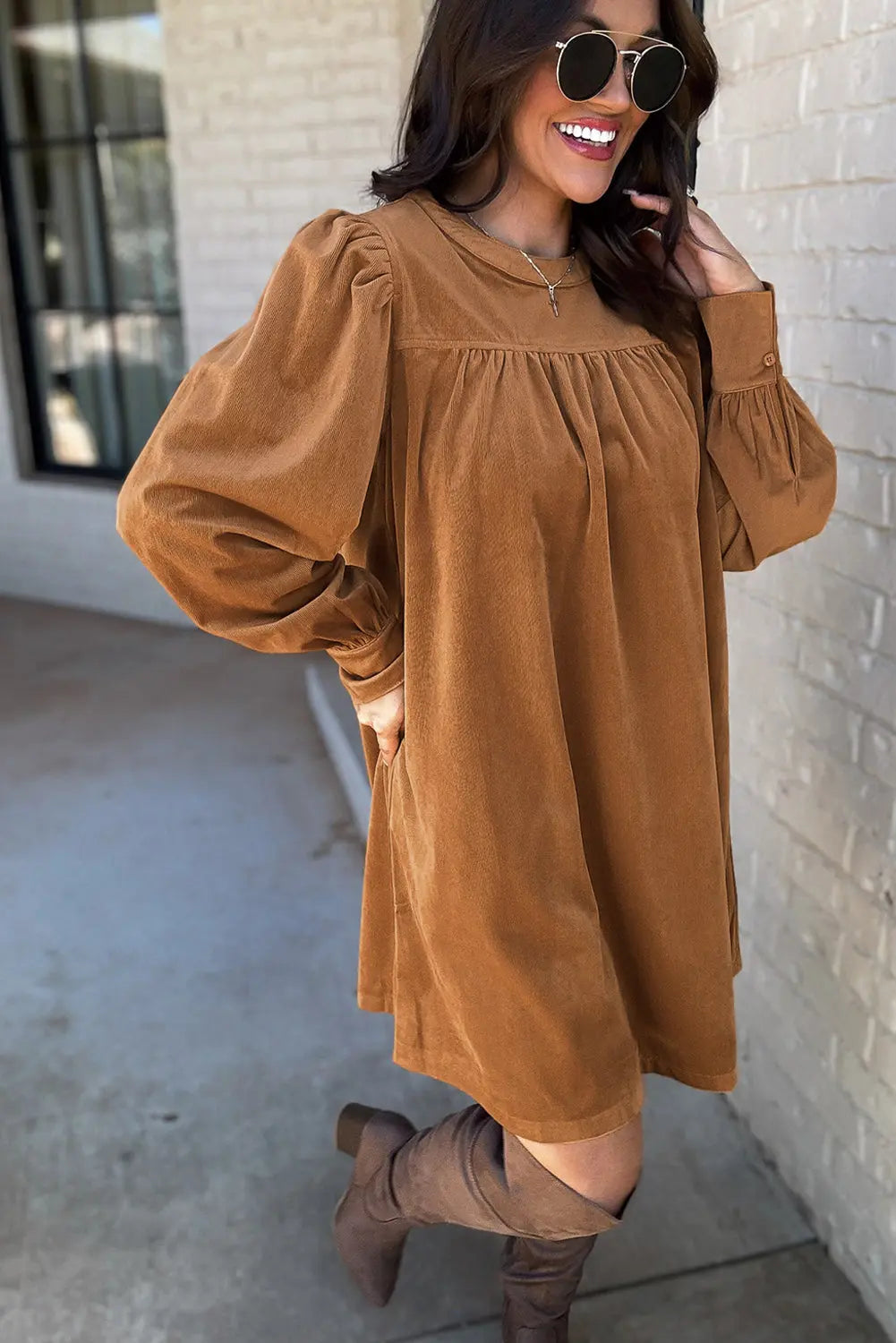 Desert Gold Corduroy Pleated Puff Sleeve Shift Short Dress Beagle Boutique Fashion Outlet