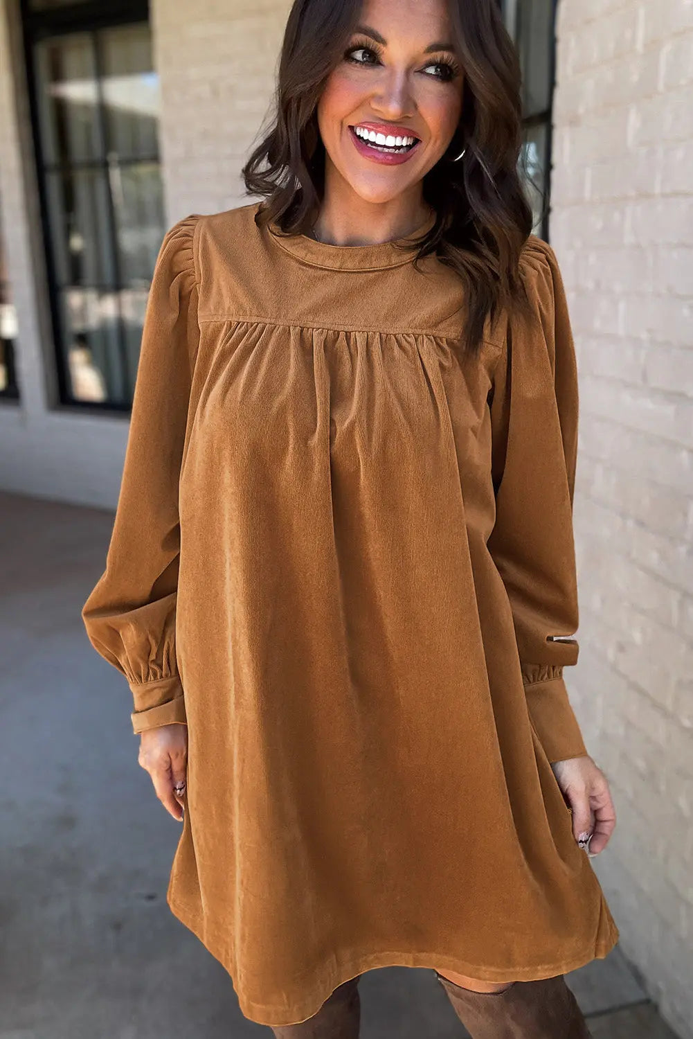 Desert Gold Corduroy Pleated Puff Sleeve Shift Short Dress Beagle Boutique Fashion Outlet