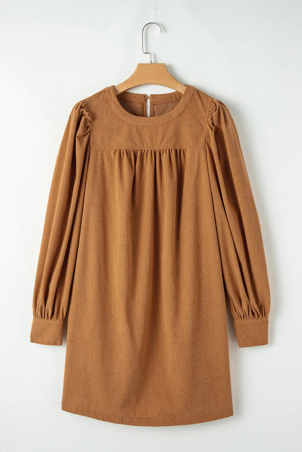 Desert Gold Corduroy Pleated Puff Sleeve Shift Short Dress Beagle Boutique Fashion Outlet