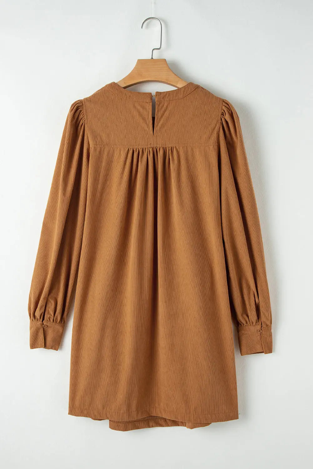Desert Gold Corduroy Pleated Puff Sleeve Shift Short Dress Beagle Boutique Fashion Outlet