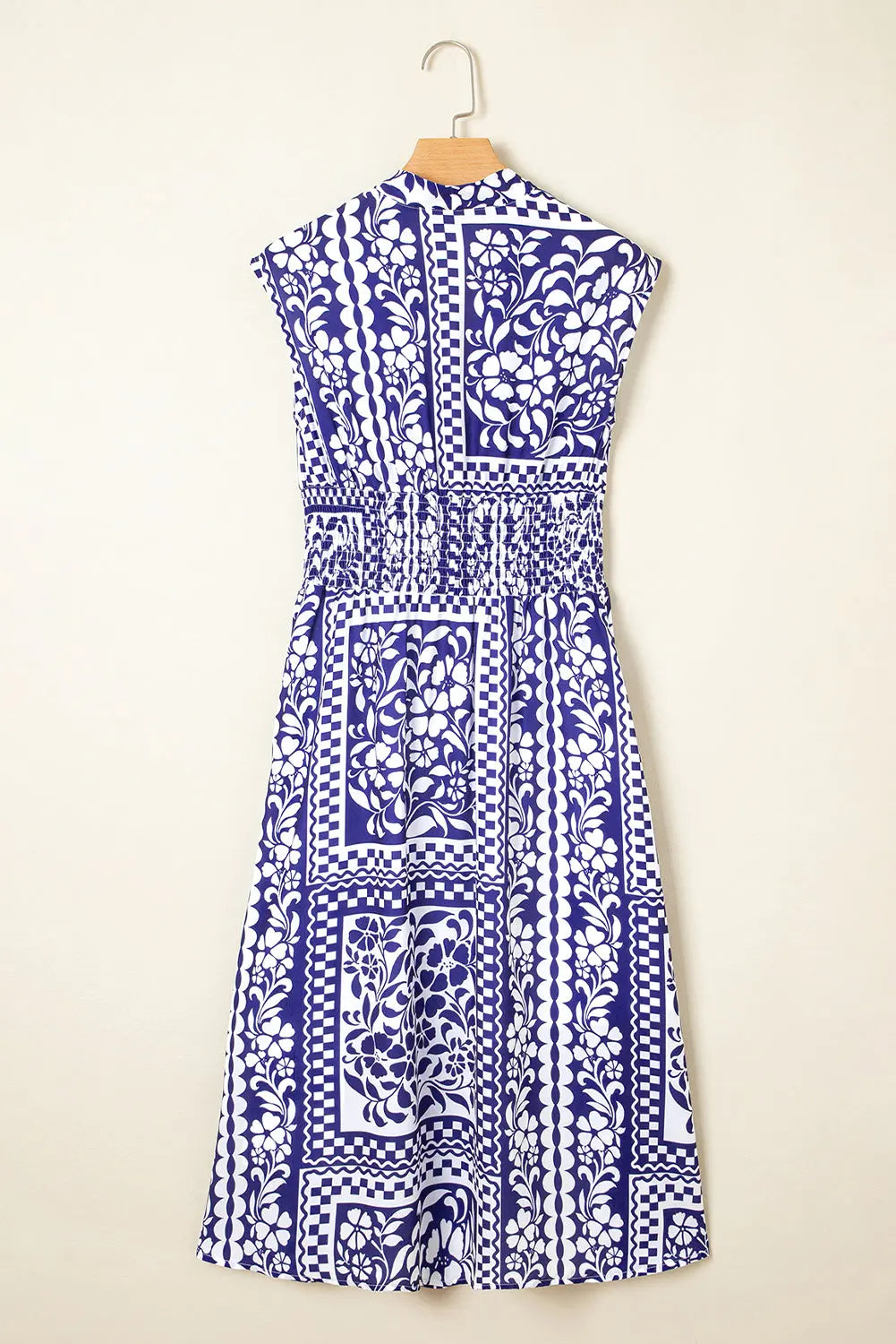 Dirty blue Shirred Waist V Neck Sleeveless Floral Print Midi Dress - eAura