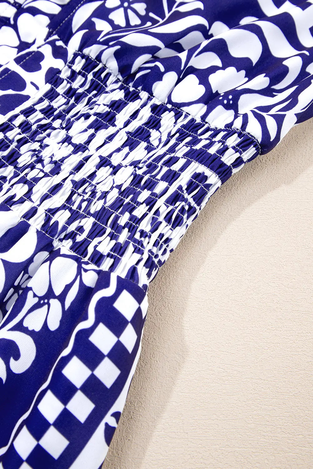 Dirty blue Shirred Waist V Neck Sleeveless Floral Print Midi Dress - eAura