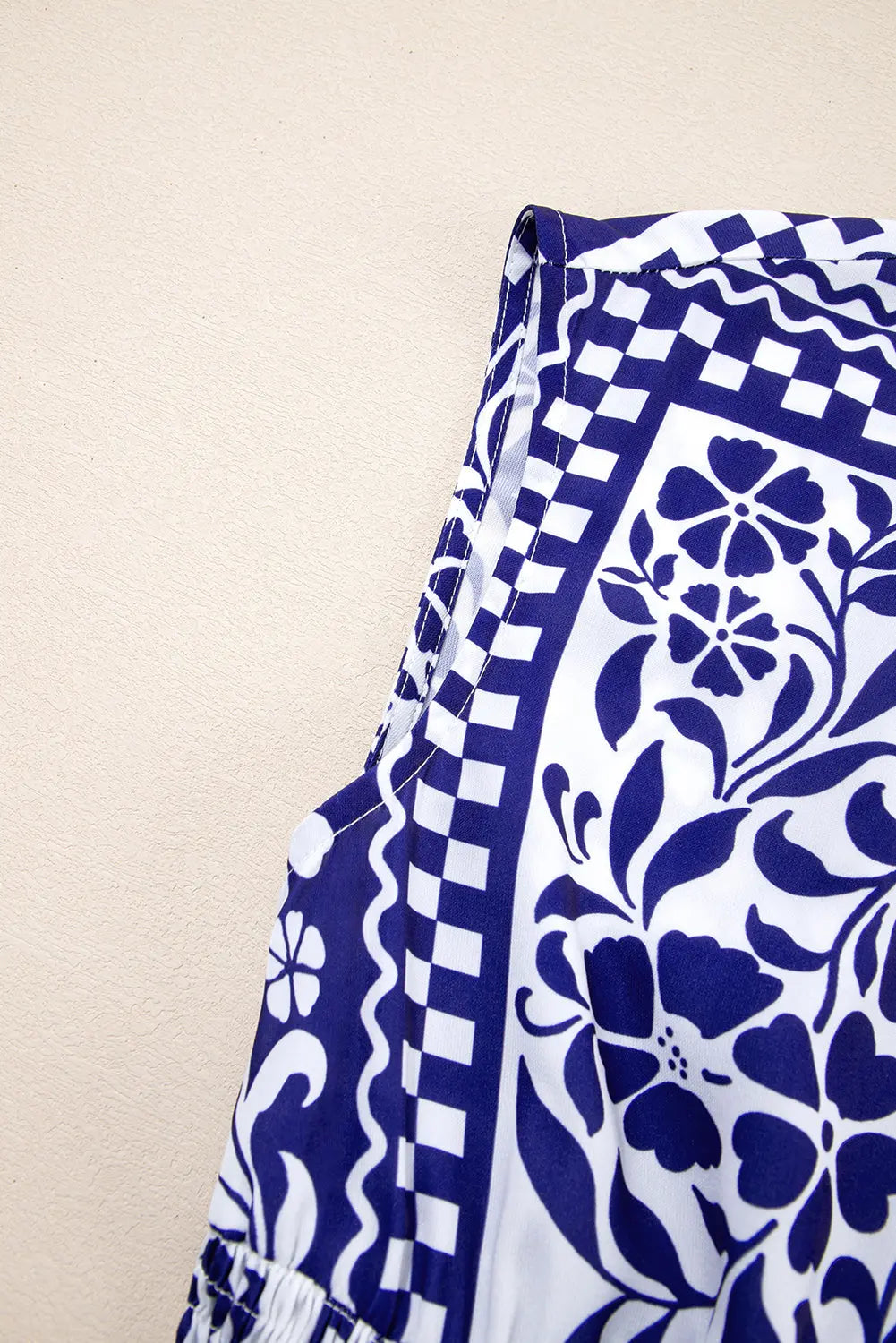 Dirty blue Shirred Waist V Neck Sleeveless Floral Print Midi Dress - eAura