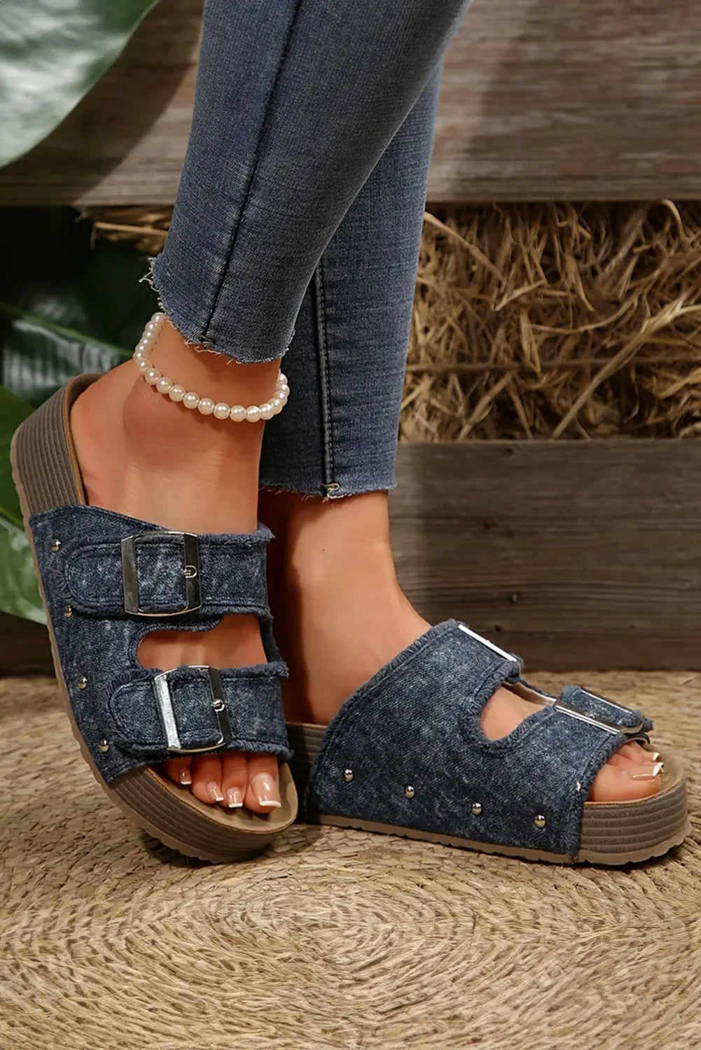 Double Buckle Straps Frayed Detail Retro Sandals - eAura