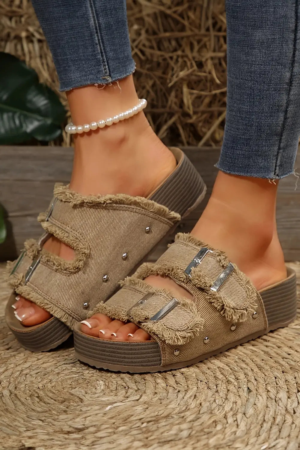Double Buckle Straps Frayed Detail Retro Sandals - eAura