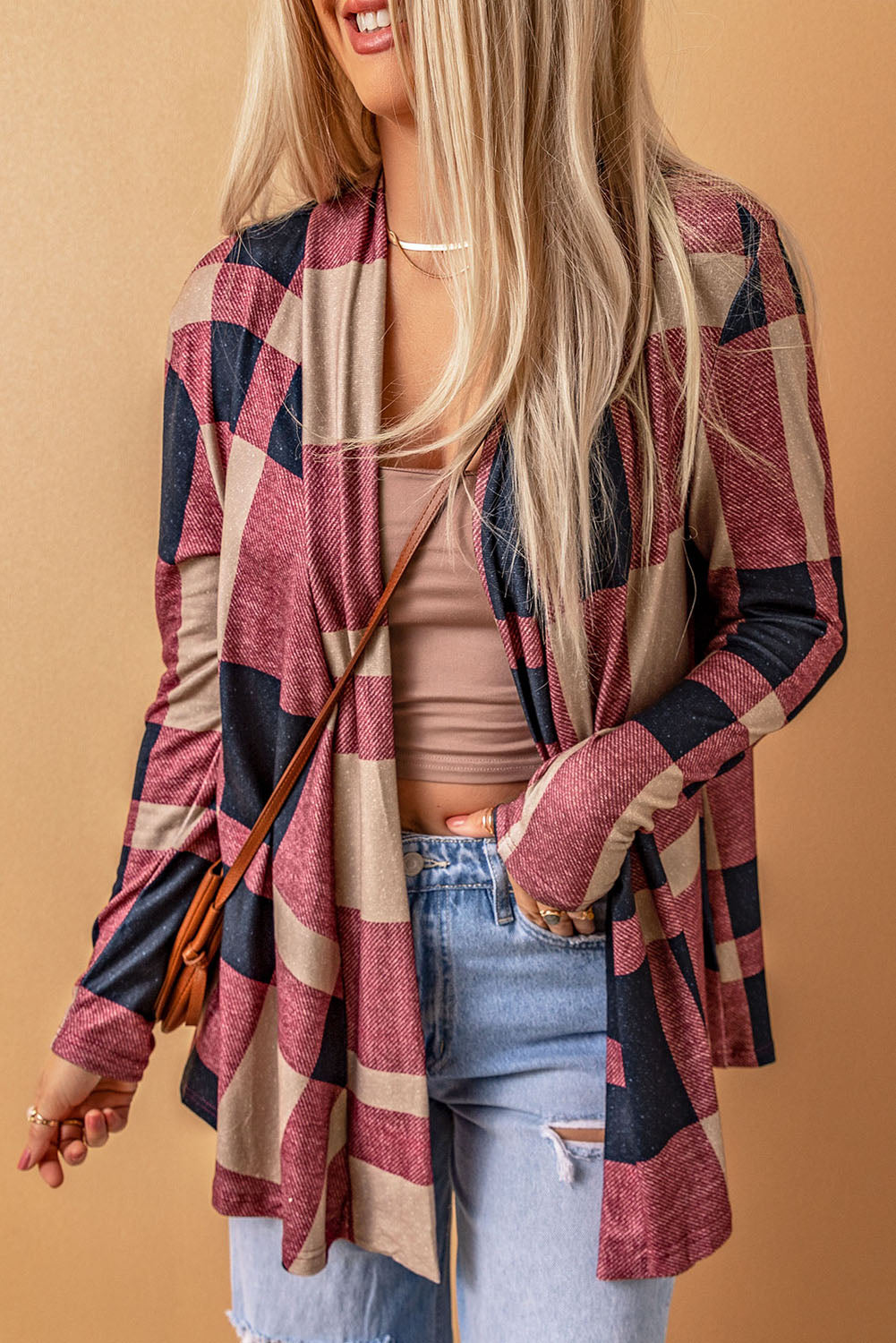 Draped Open Front Plaid Cardigan - eAura