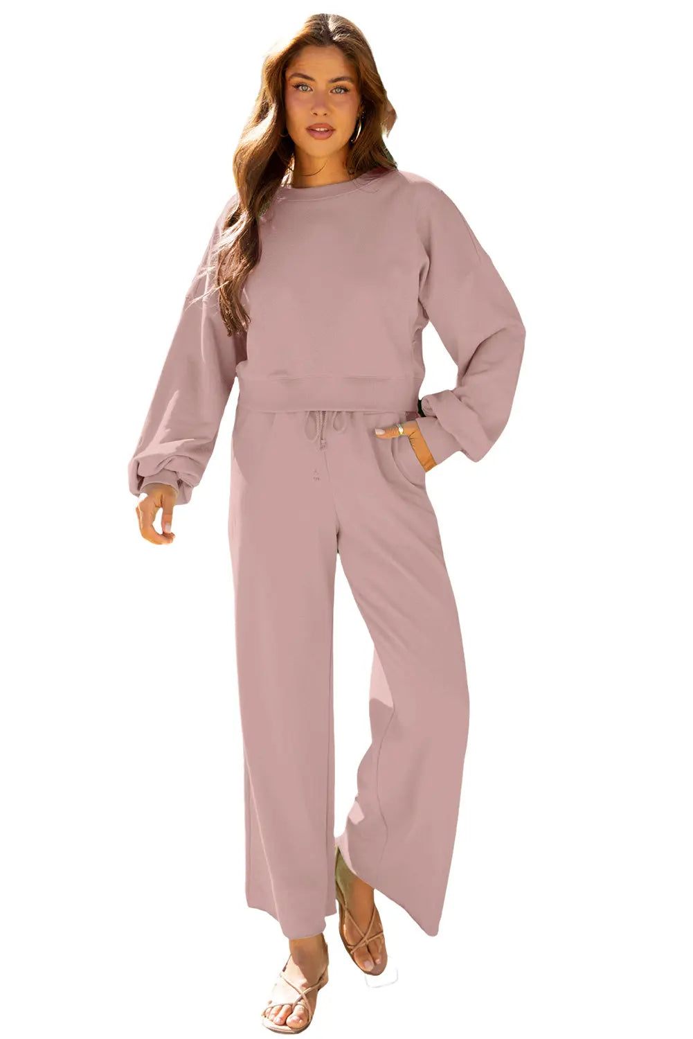 Drop Shoulder Puff Sleeve Crop Pullover and Drawstring Wide Leg Trousers Co-ord Set - eAura