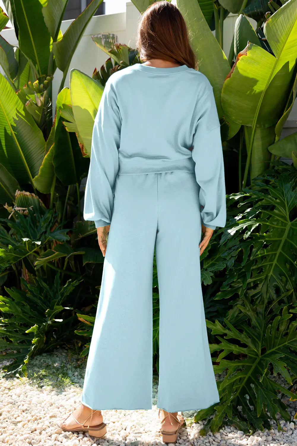 Drop Shoulder Puff Sleeve Crop Pullover and Drawstring Wide Leg Trousers Co-ord Set - eAura