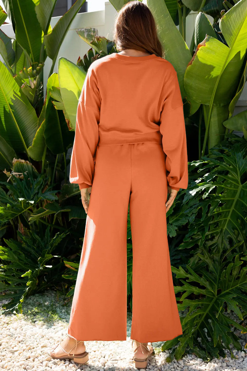 Drop Shoulder Puff Sleeve Crop Pullover and Drawstring Wide Leg Trousers Co-ord Set - eAura