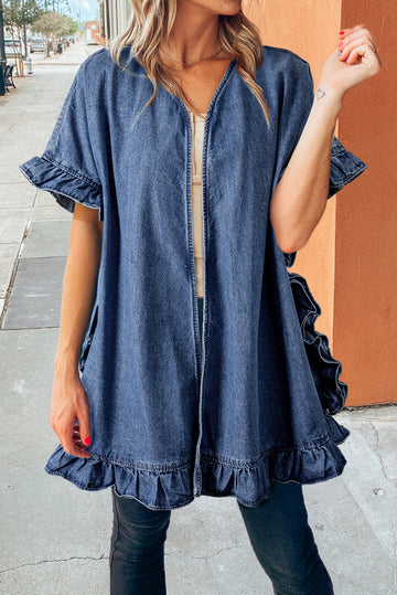 Dusk Blue Chambray Ruffle Hem Half Sleeve Open Loose Kimono - eAura